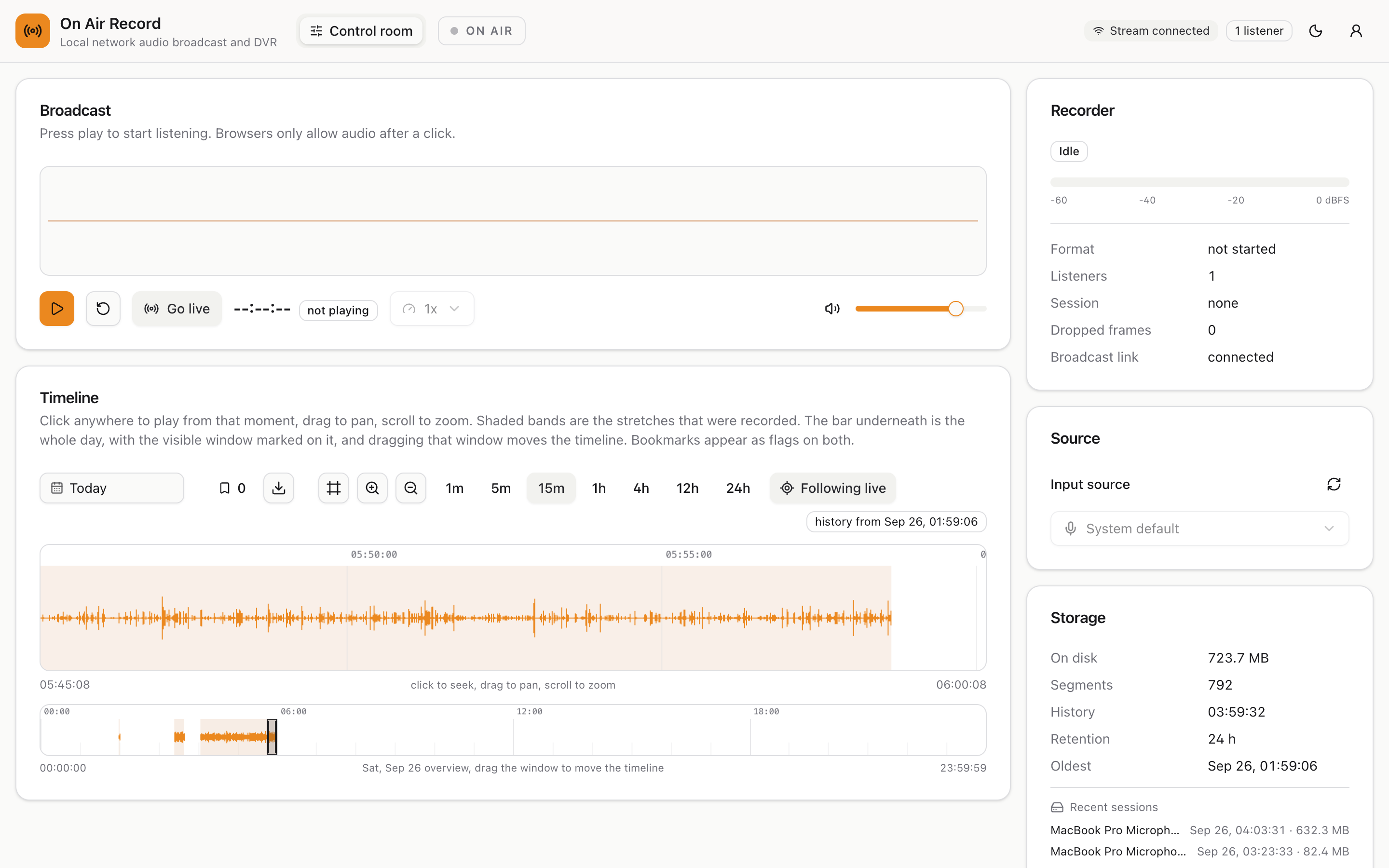 The control room as a listener sees it: no Settings link, no Record button, and the microphone choice greyed out