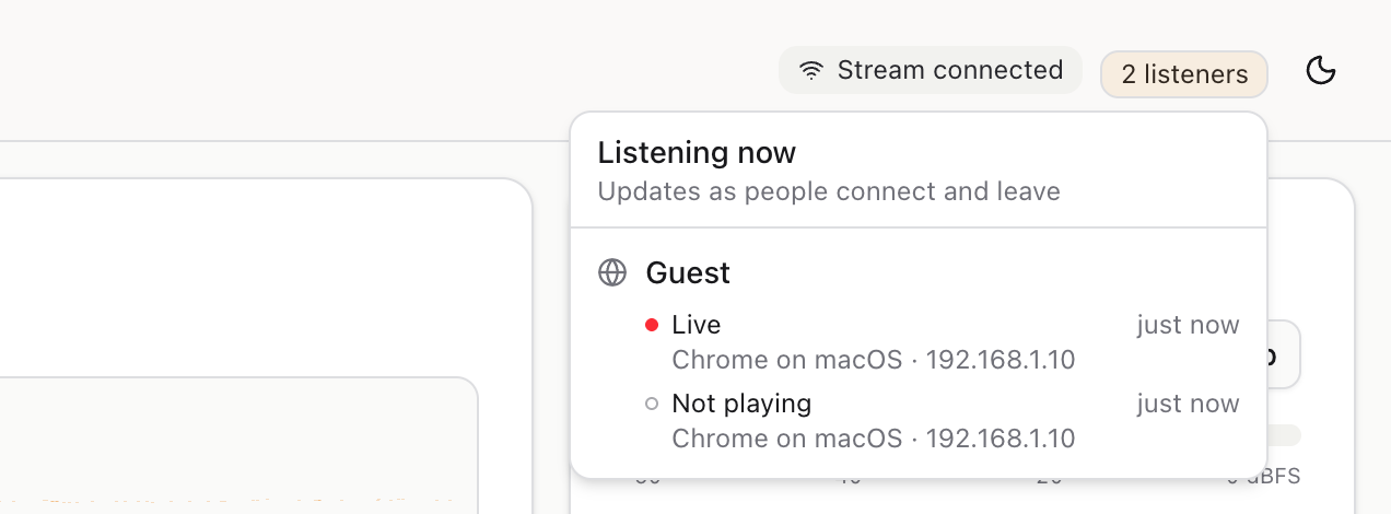 The listener list on a recorder without logins: one guest, with one tab playing live and another that has not pressed play, both on the same Mac