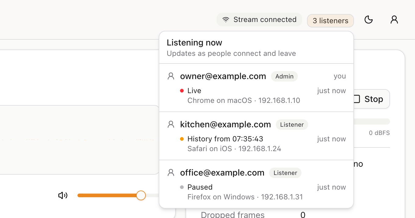 The listener list open under the listener count: the owner is listening live on a Mac, the kitchen account is listening back through history on an iPhone, and the office account is paused on a Windows PC