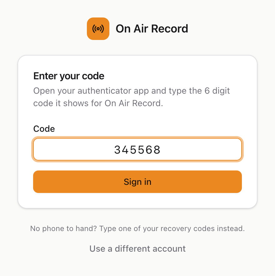 The second step of signing in, asking for the 6 digit code from the authenticator app