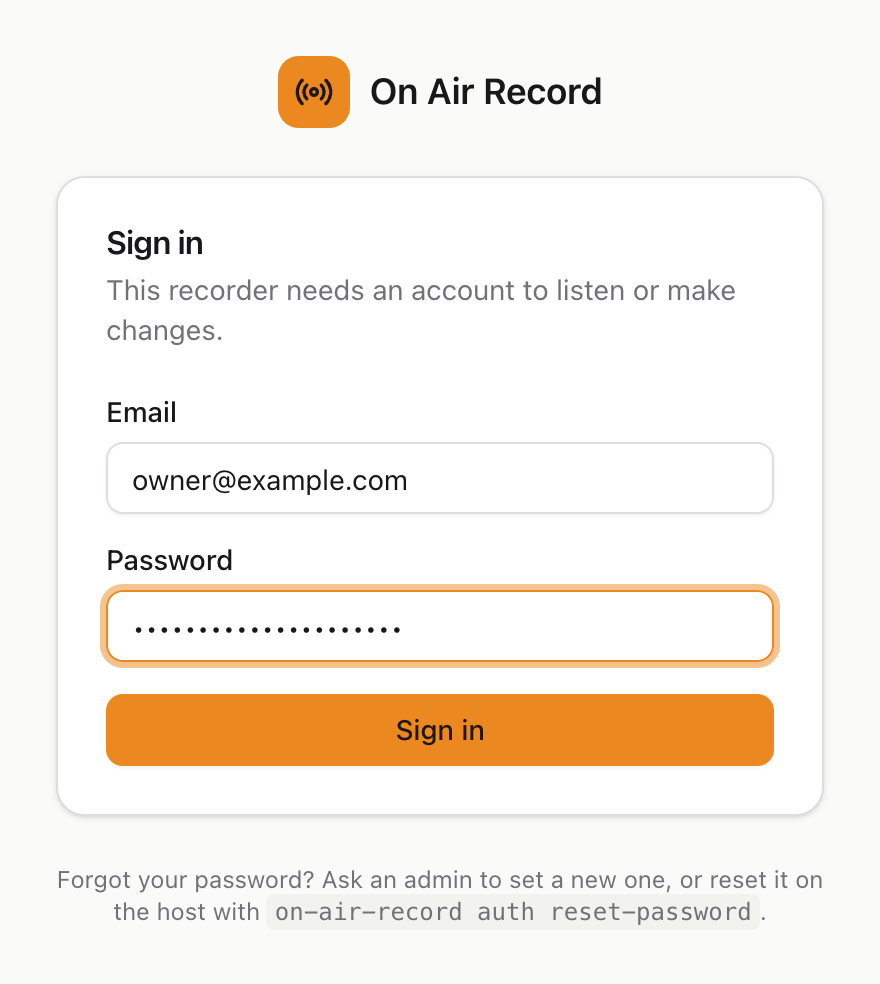The sign in page, with email and password