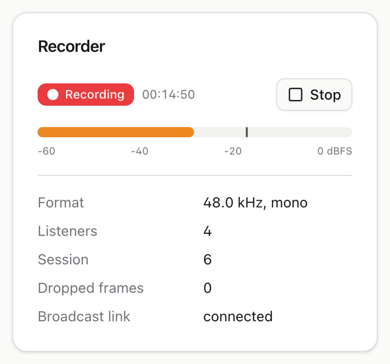 The recorder panel, showing the recording badge, elapsed time and the microphone level meter