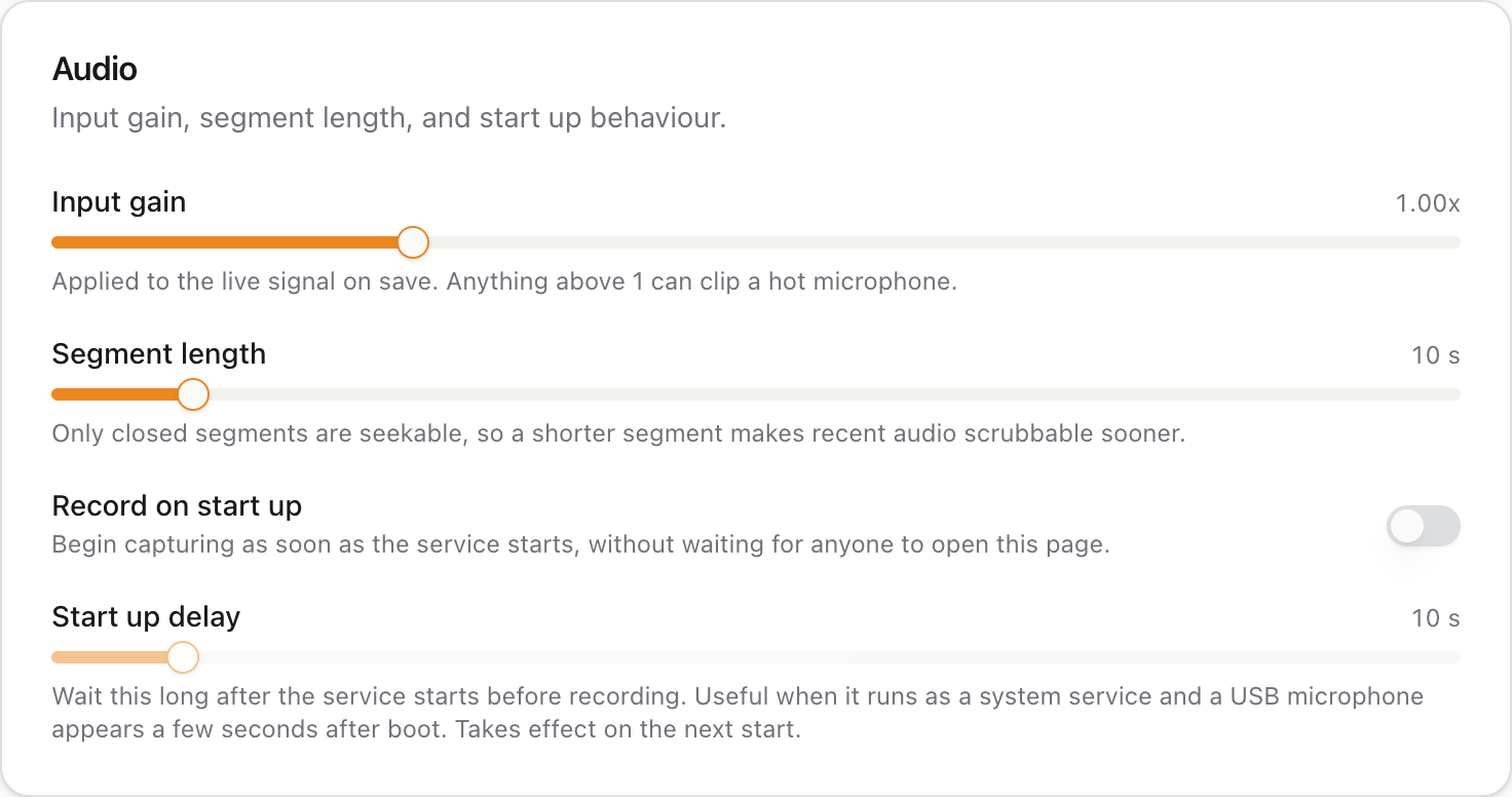 The audio settings: input gain, segment length, record on start up and start up delay