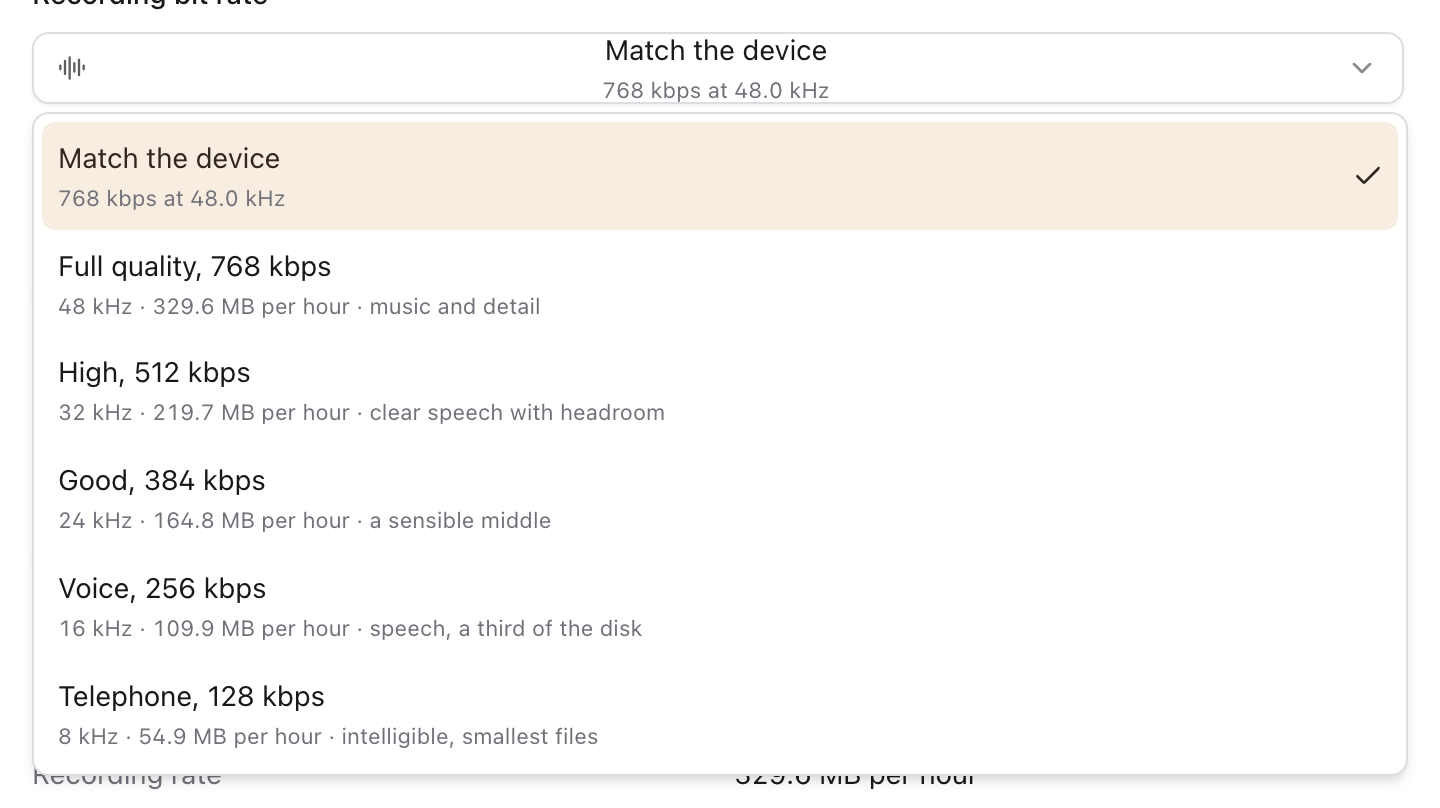 The bit rate menu, from full quality down to telephone quality, each with its disk cost per hour
