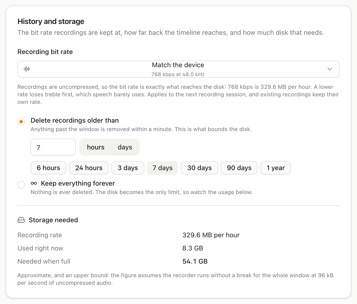 The history and storage settings, with the bit rate, the retention window and the storage estimate
