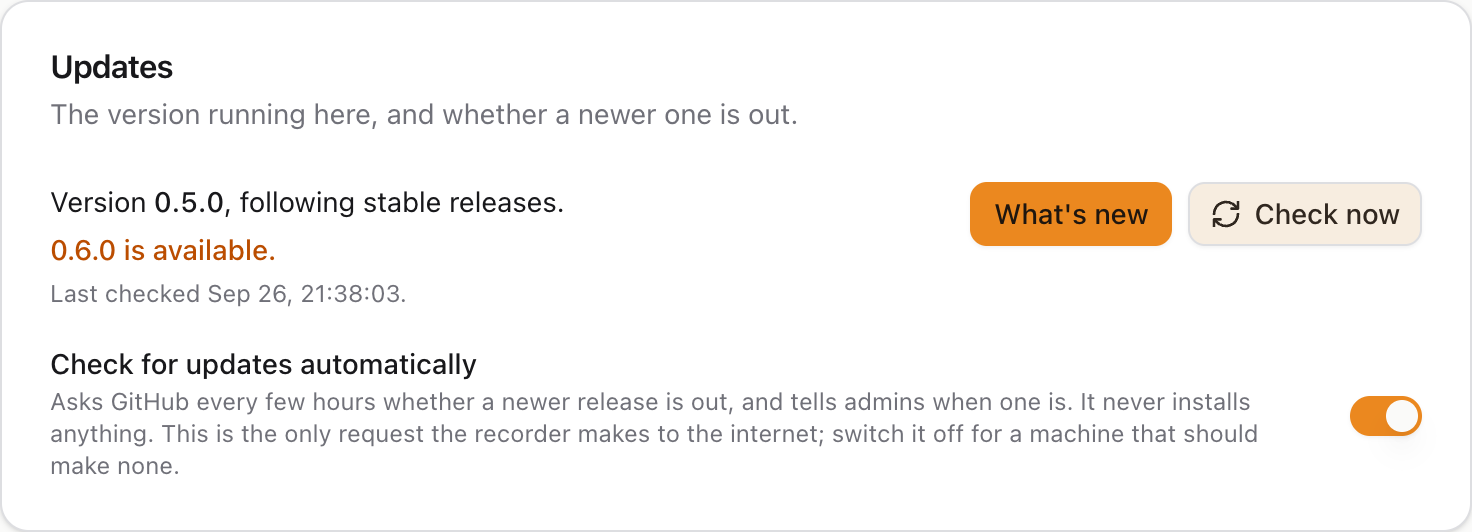 The Updates card: the running version, a note that 0.6.0 is available, the time of the last check, What is new and Check now buttons, and the automatic check switch