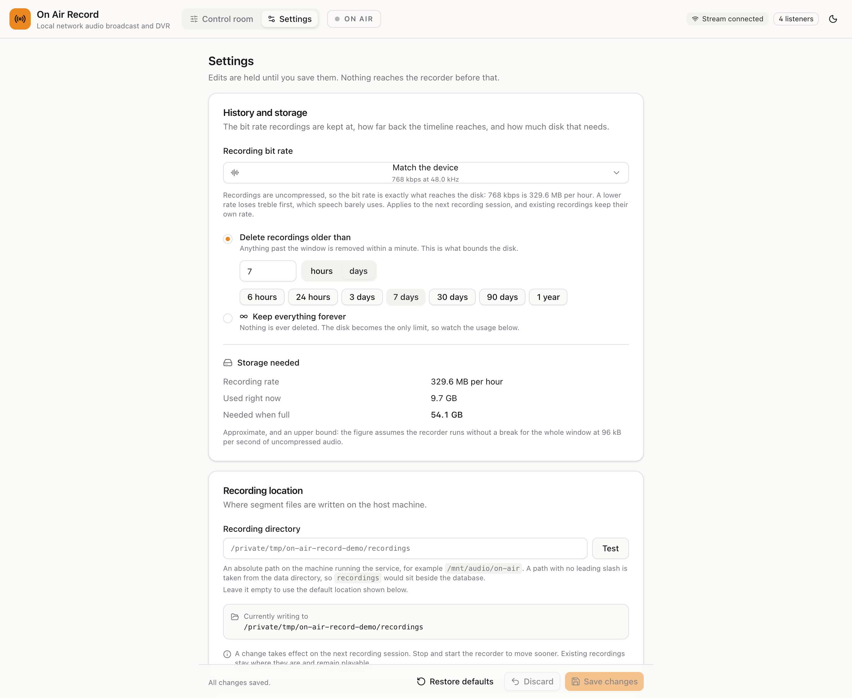 The settings page