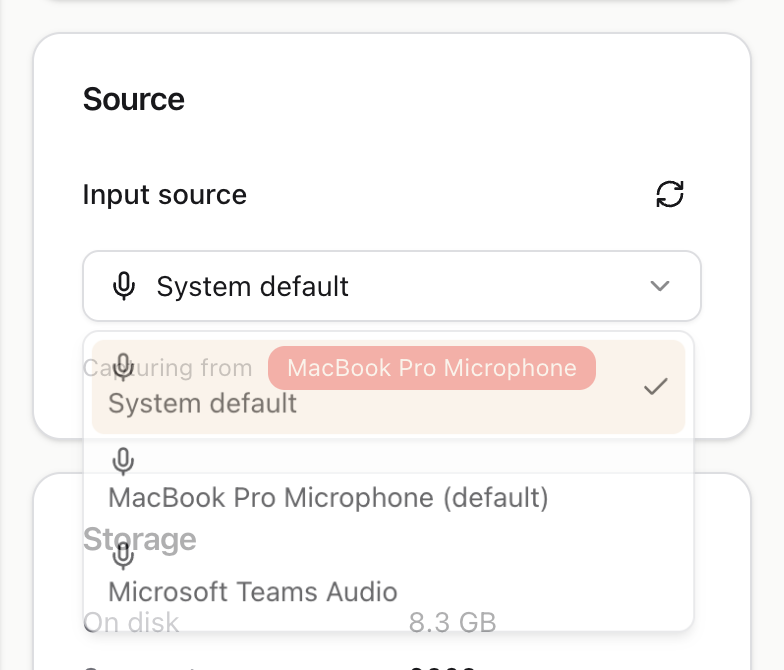 The input source list, showing system default, the built in microphone and another audio device