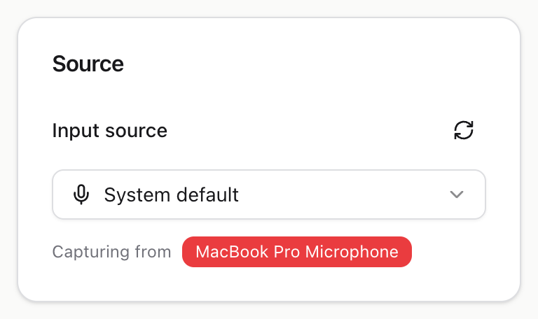 The source panel, showing the selected input and which microphone is being captured