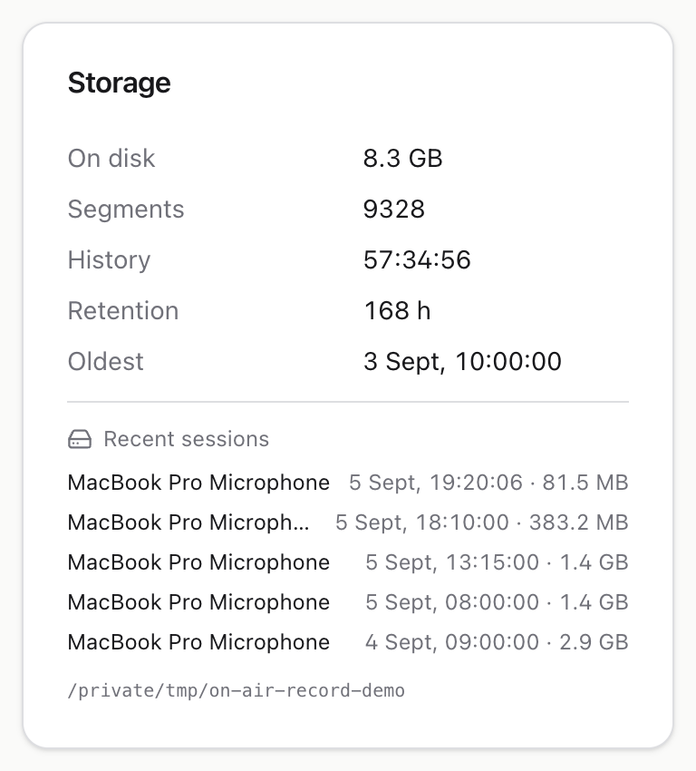 The storage panel, showing disk used, how far back the history goes and the recent sessions