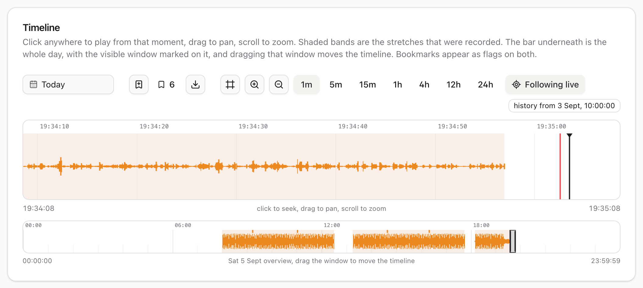 The timeline zoomed in to one minute, with individual seconds visible