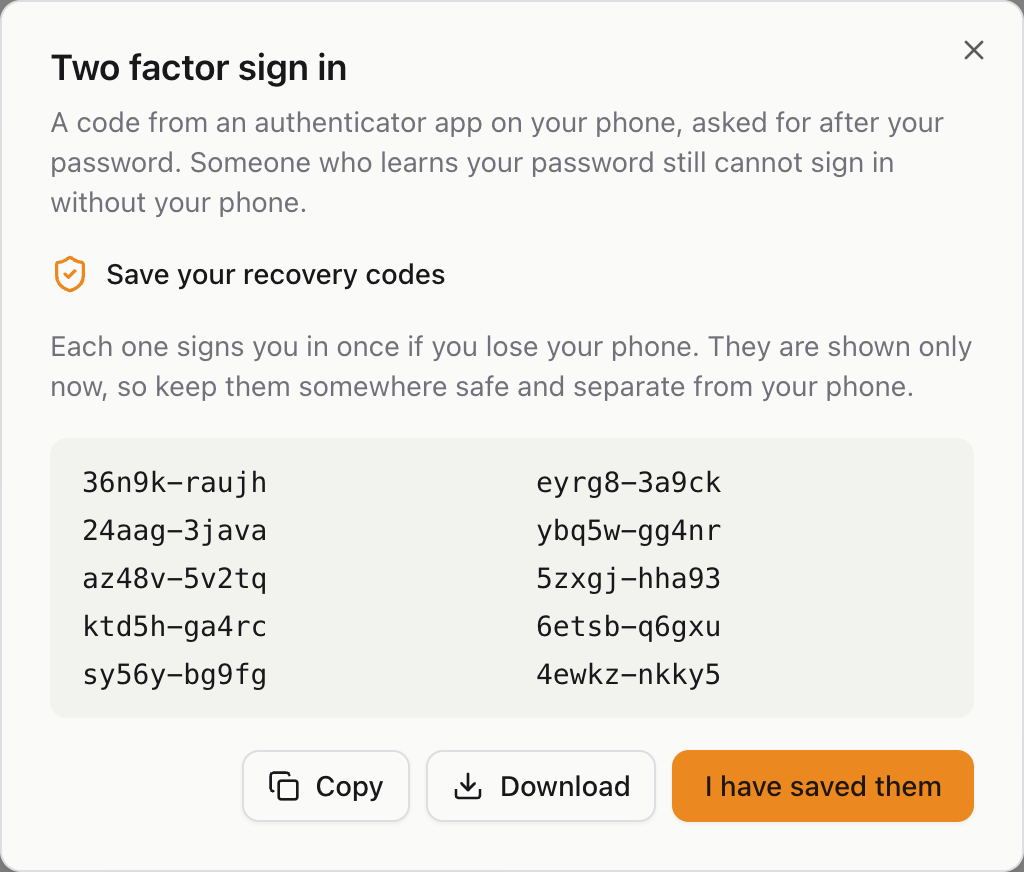 Ten recovery codes, with Copy, Download and I have saved them