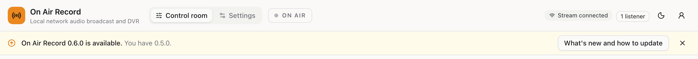 The strip under the top bar saying On Air Record 0.6.0 is available, with a button for what is new and how to update