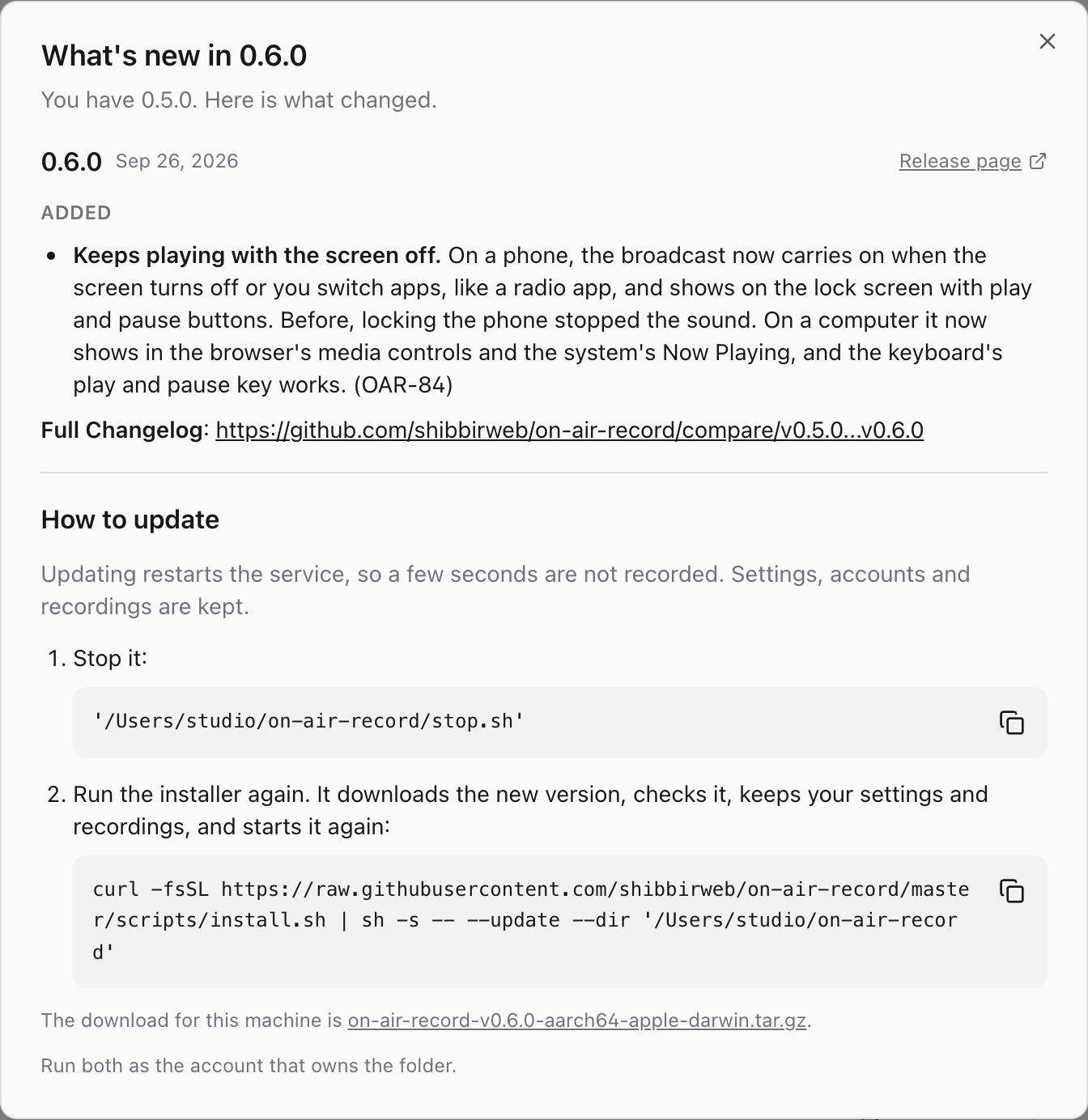 What is new in 0.6.0, then the steps to update: stop it, then run the installer again, with commands to copy