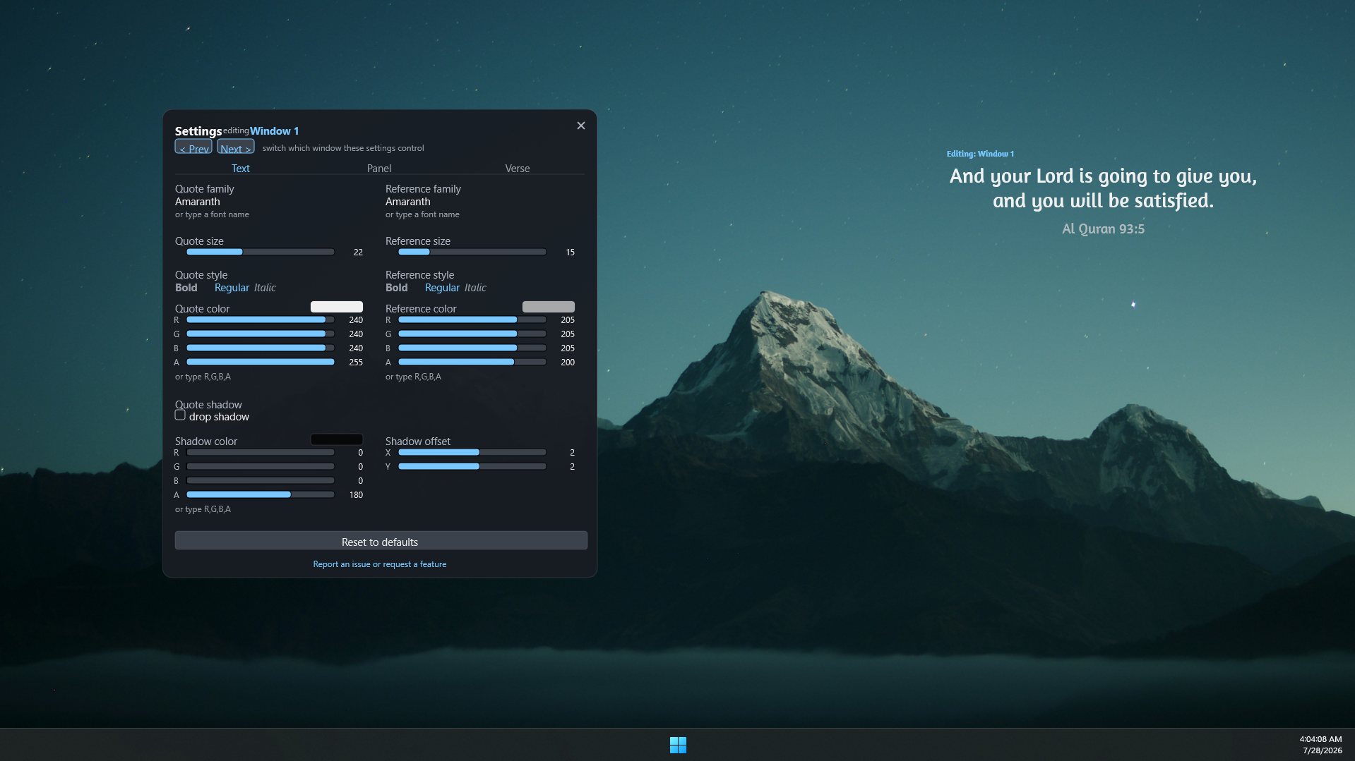 The settings panel