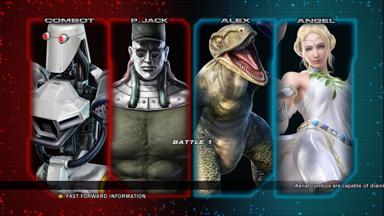 Tag battle VS screen: Combot and P. Jack vs Alex and Angel