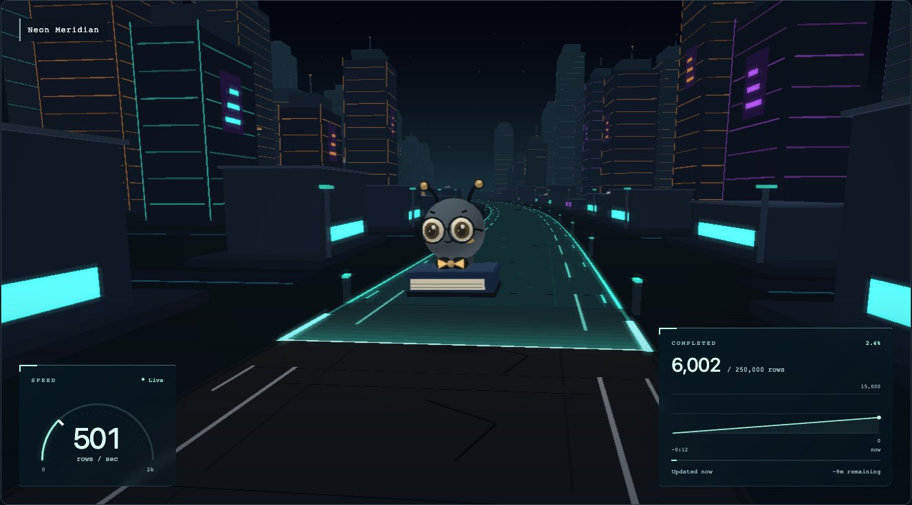 Bookie flying through Neon Meridian with an integrated speedometer and progress chart