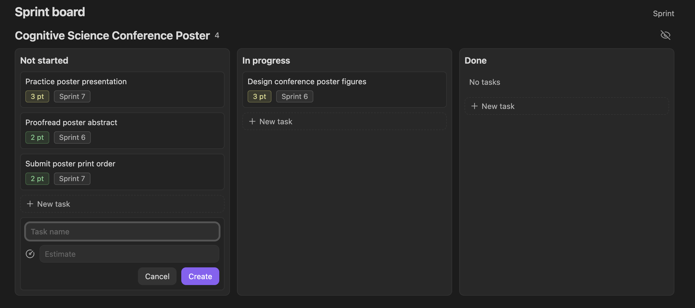 Project-grouped Sprint Kanban board with inline task creation