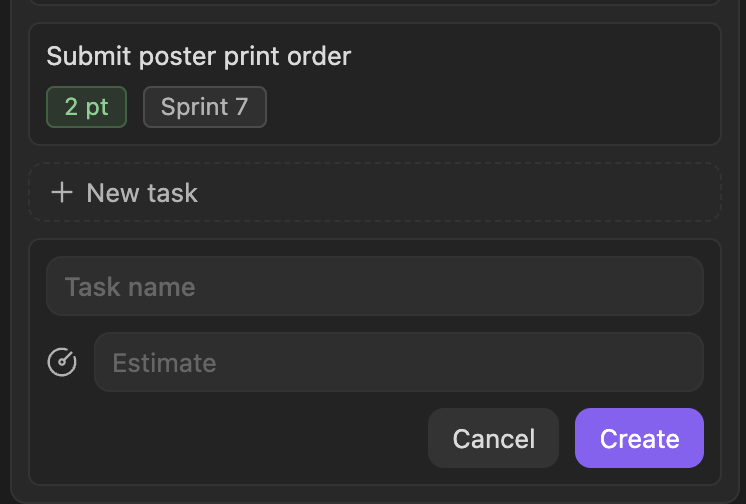 Focused inline New task form with an estimate field