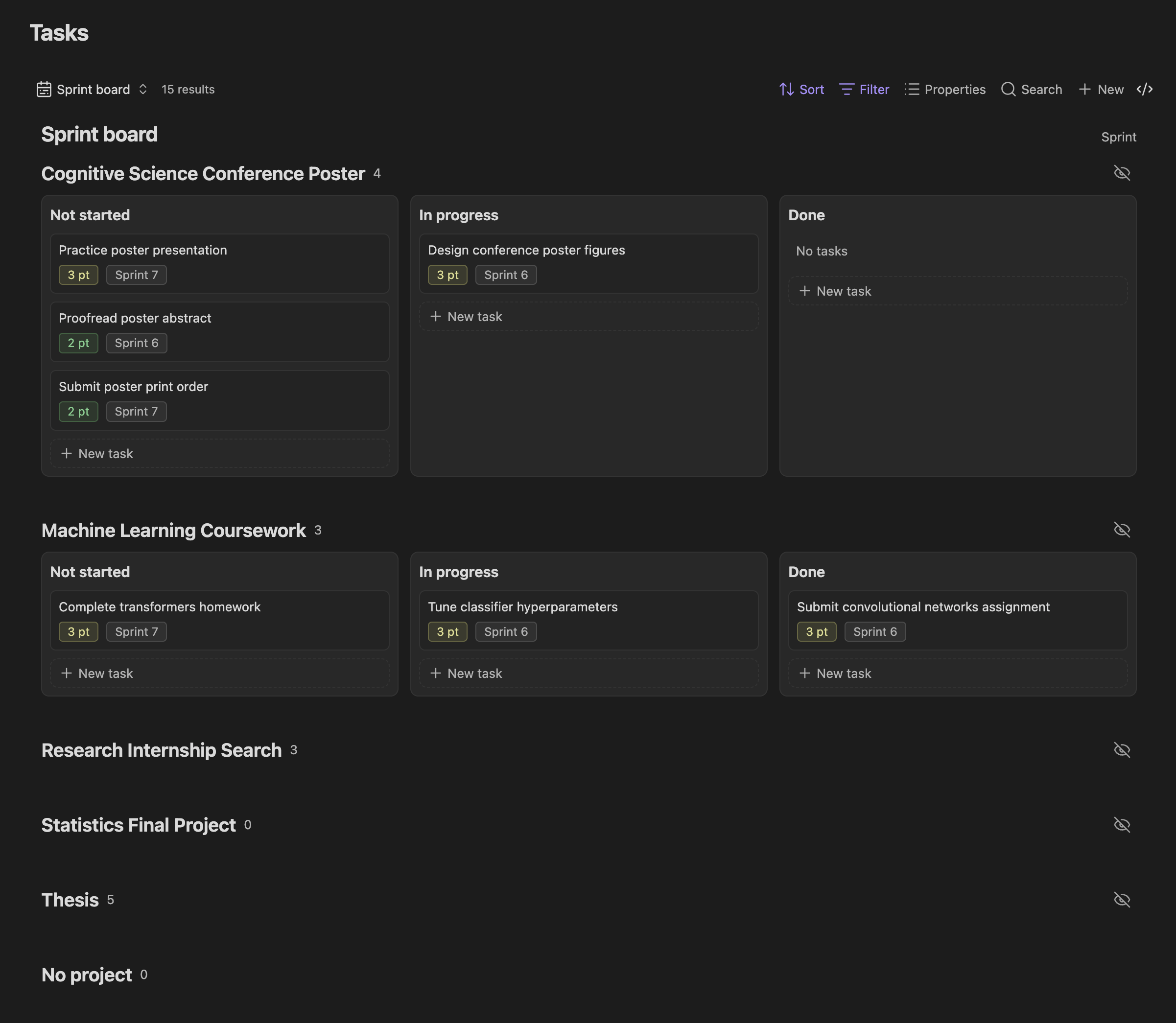 Full Sprint board with university coursework, research, and internship projects