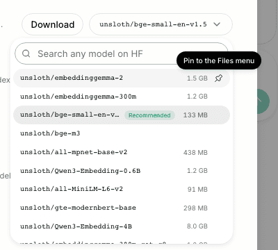 Embedding model pin tooltip says Pin to the Files
menu