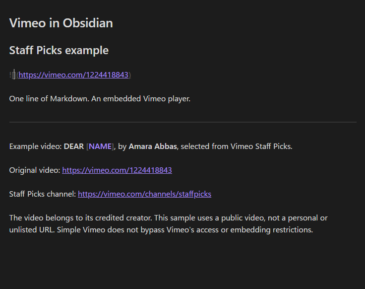 Focused Live Preview revealing the actual Vimeo Markdown