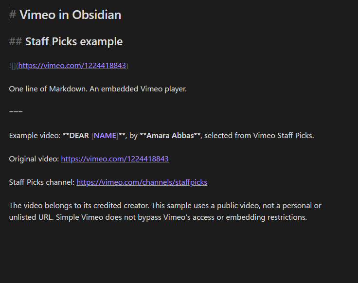 Obsidian Source mode showing the Markdown embed for the public Vimeo Staff Pick DEAR NAME
