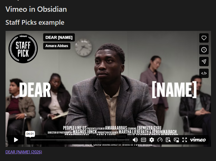 The public Vimeo Staff Pick DEAR NAME embedded in Obsidian Reading View