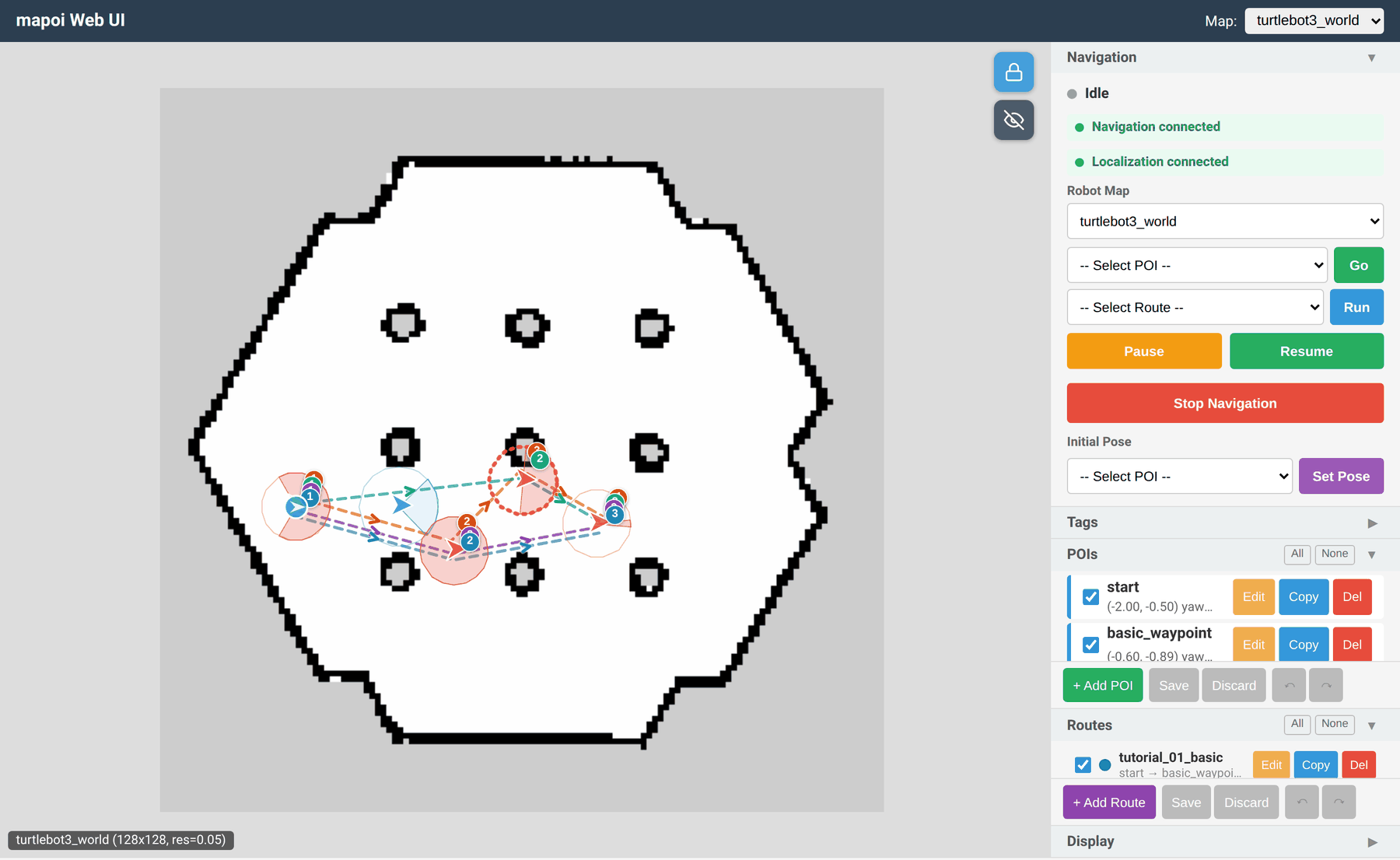mapoi Web UI のデスクトップ表示: 地図・POI・ルートとナビゲーション操作パネル