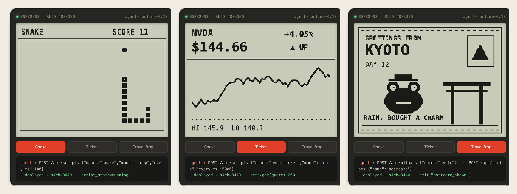 Three apps the agent deployed to the same board: Snake, a stock ticker, and a travel-frog postcard