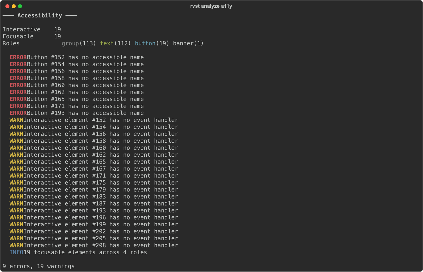 Accessibility audit showing unlabeled buttons and missing handlers