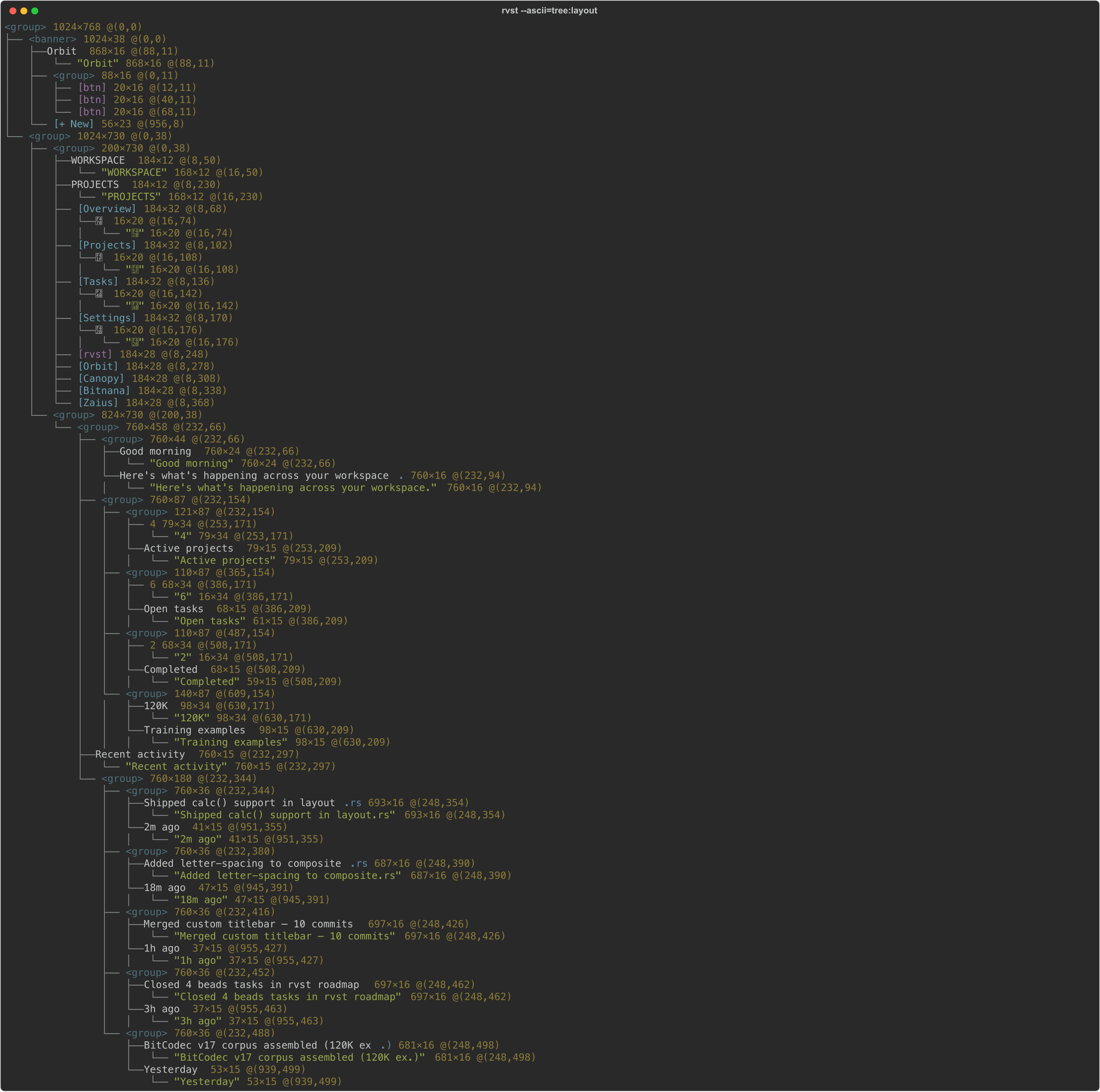 Tree view with layout rects