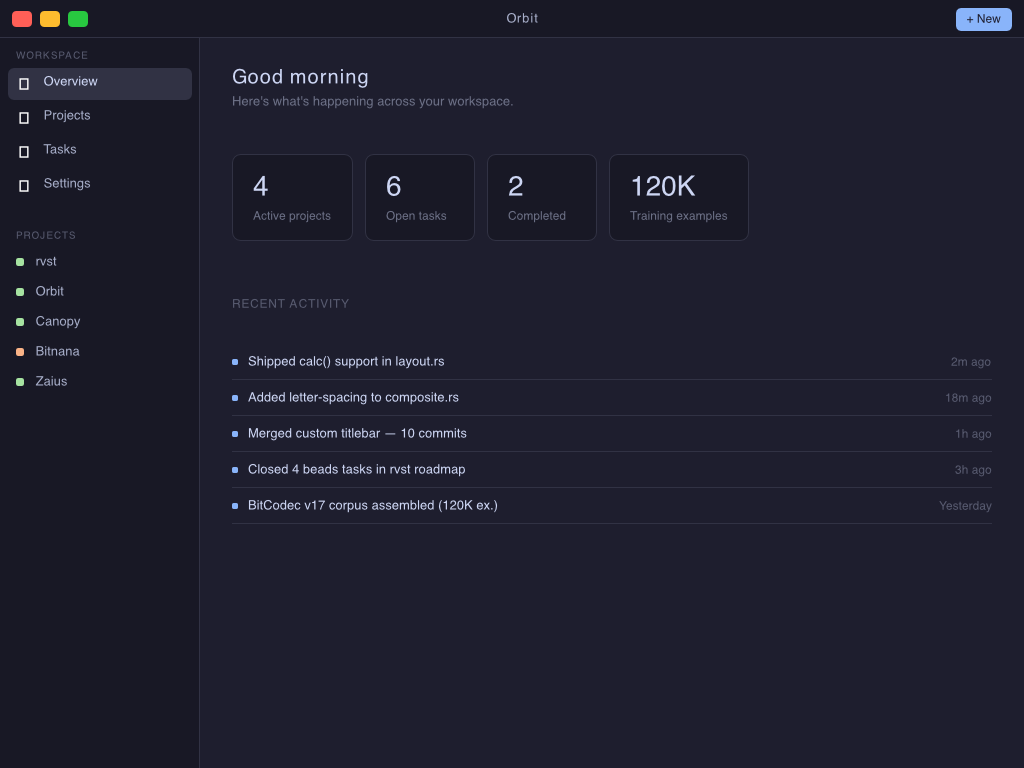 RVST rendering a full dashboard app with sidebar, stats, and activity feed