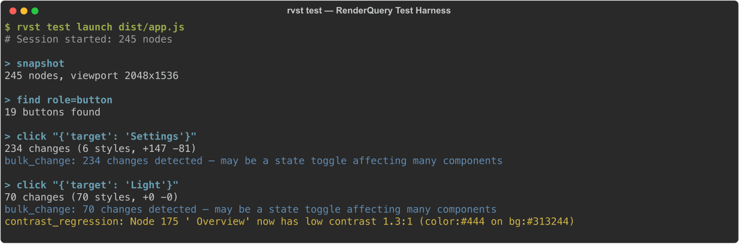 RenderQuery test harness — querying state, clicking buttons, detecting contrast regressions