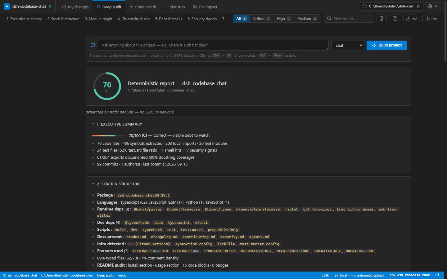IDE-style local dashboard: editor tabs, command palette, status bar - the deterministic audit as a real app