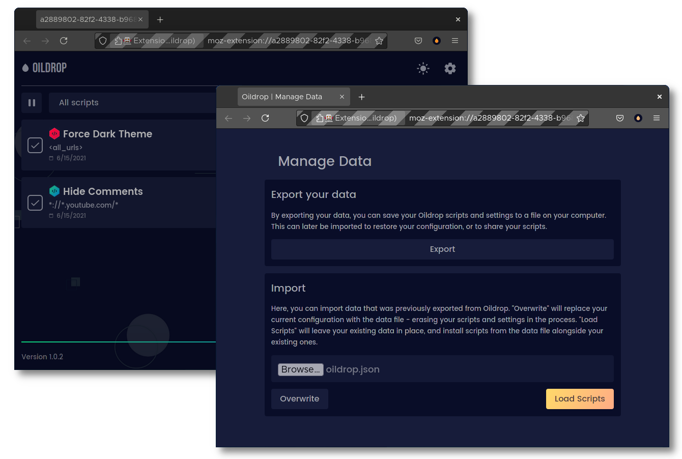 Oildrop's data management window and full-screen popup shown in a browser.
