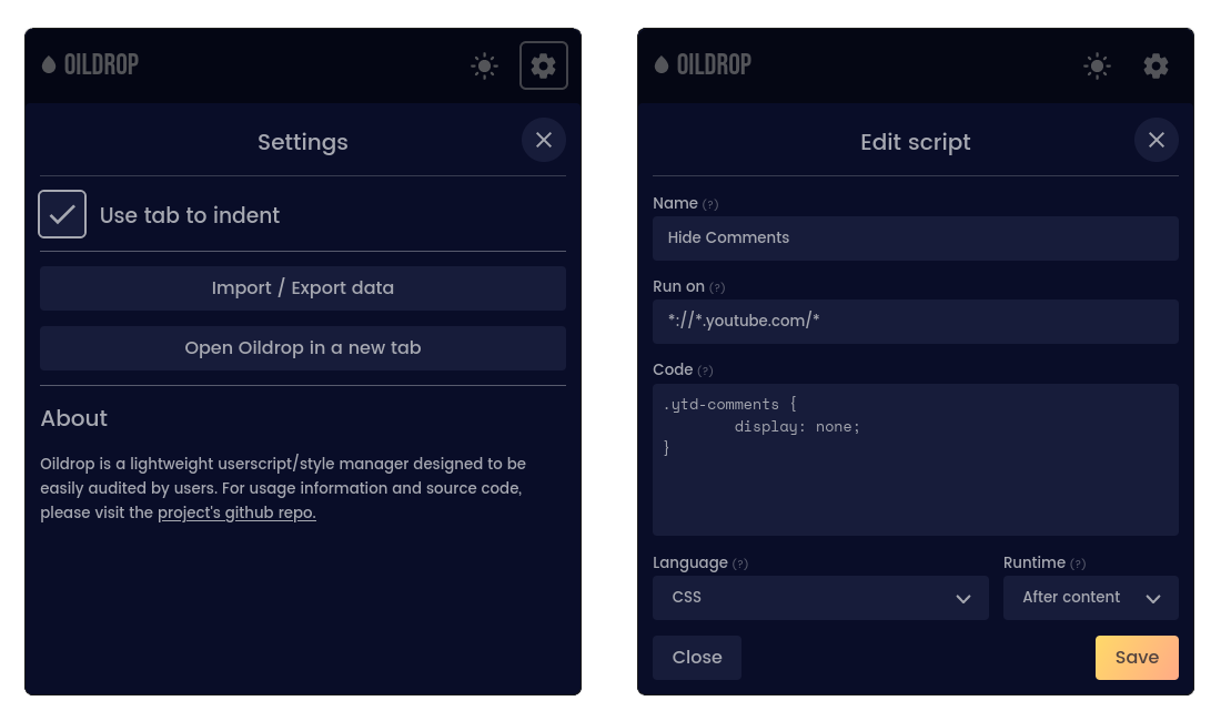 A preview showing the editor and settings menu in oildrop.