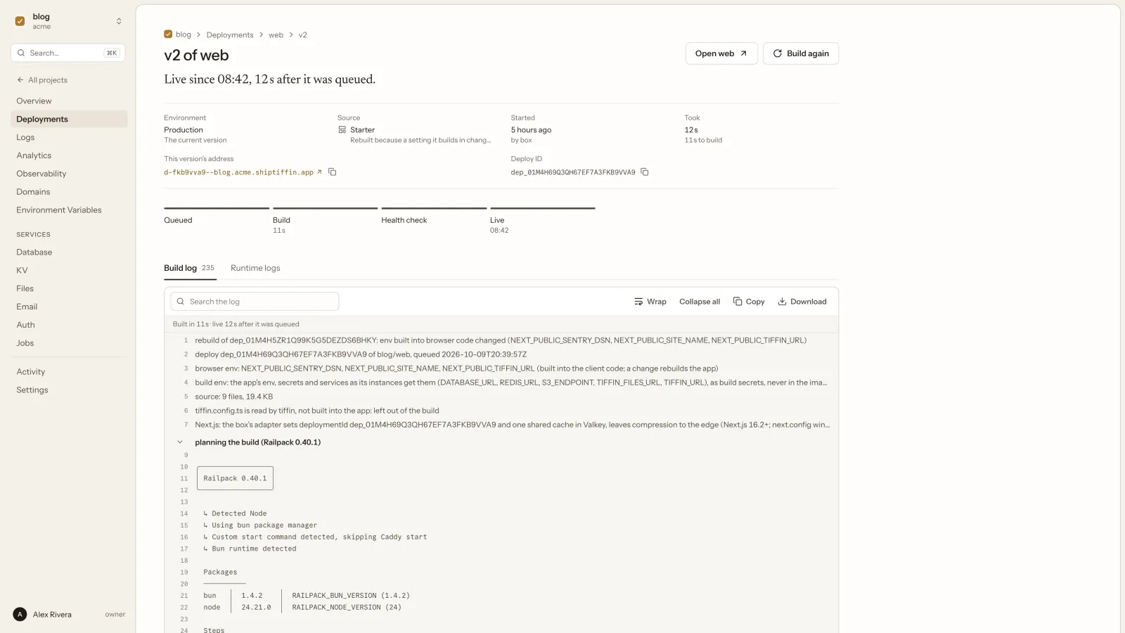Version 2 of the blog's web app: live 12 seconds after it was queued, its own address, the steps from queued to live, and the build log.