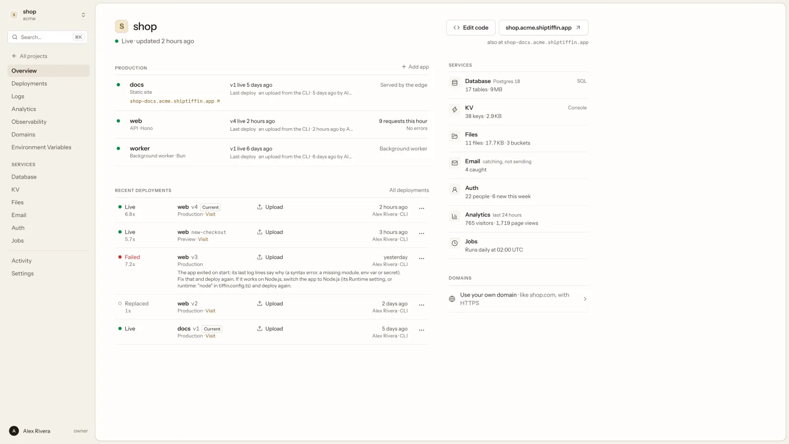 The shop project: three apps live (a static docs site, a Hono API and a background worker), recent deployments with a failed one explained, and its services: Database, KV, Files, Email, Auth, Analytics and Jobs.