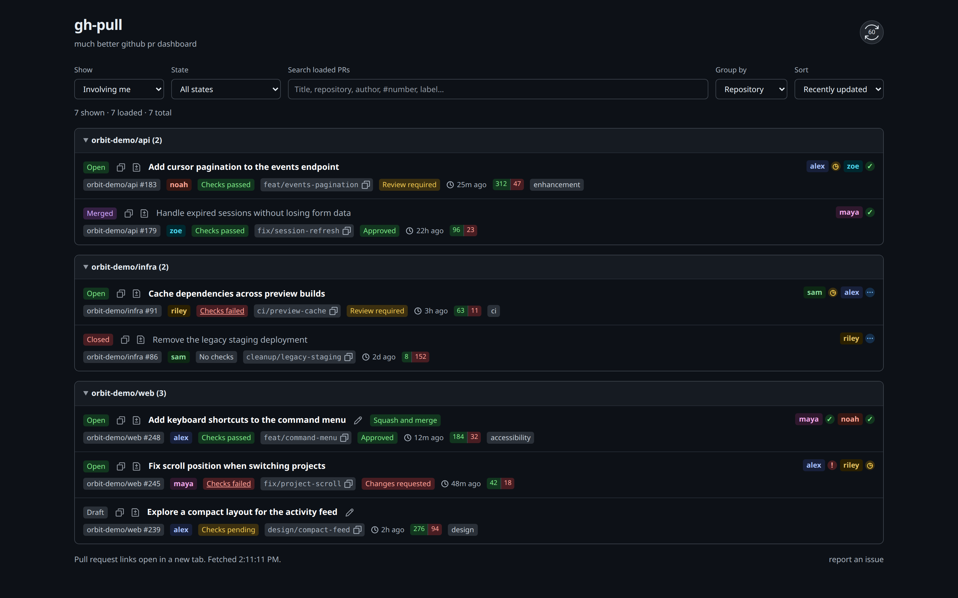 Watch the gh-pull demo showing fictional pull requests