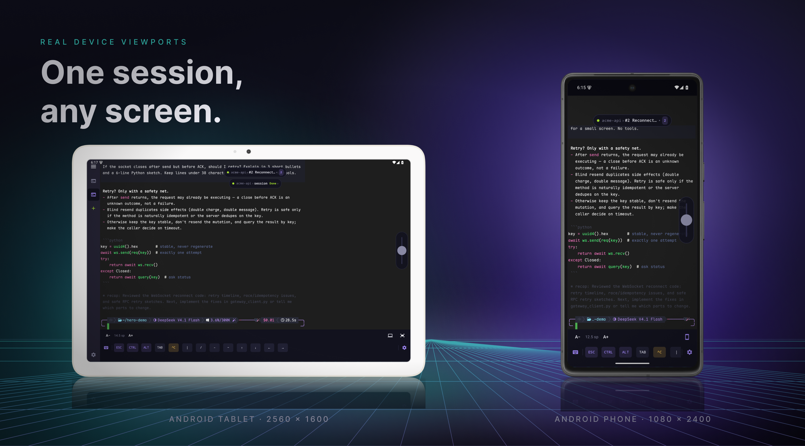 cmux Pocket: the same live session on a phone in portrait (1080 × 2400) and a tablet in landscape (2560 × 1600)