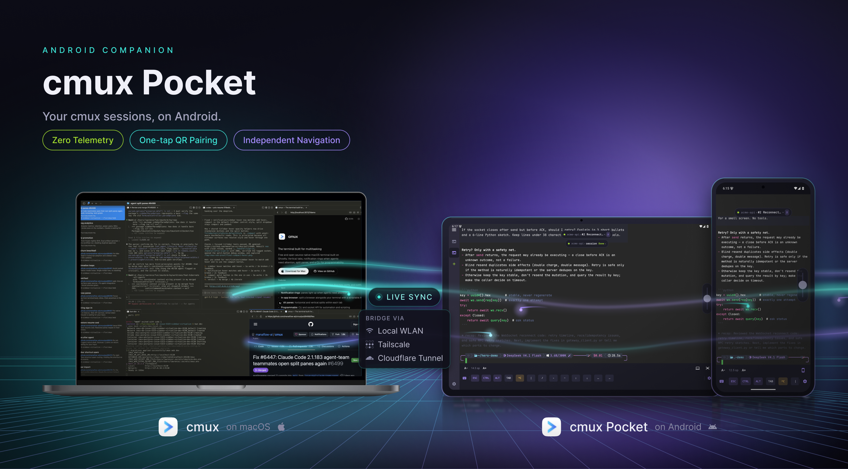 cmux Pocket: Mac desktop showing cmux terminal alongside Android phone displaying the same workspace