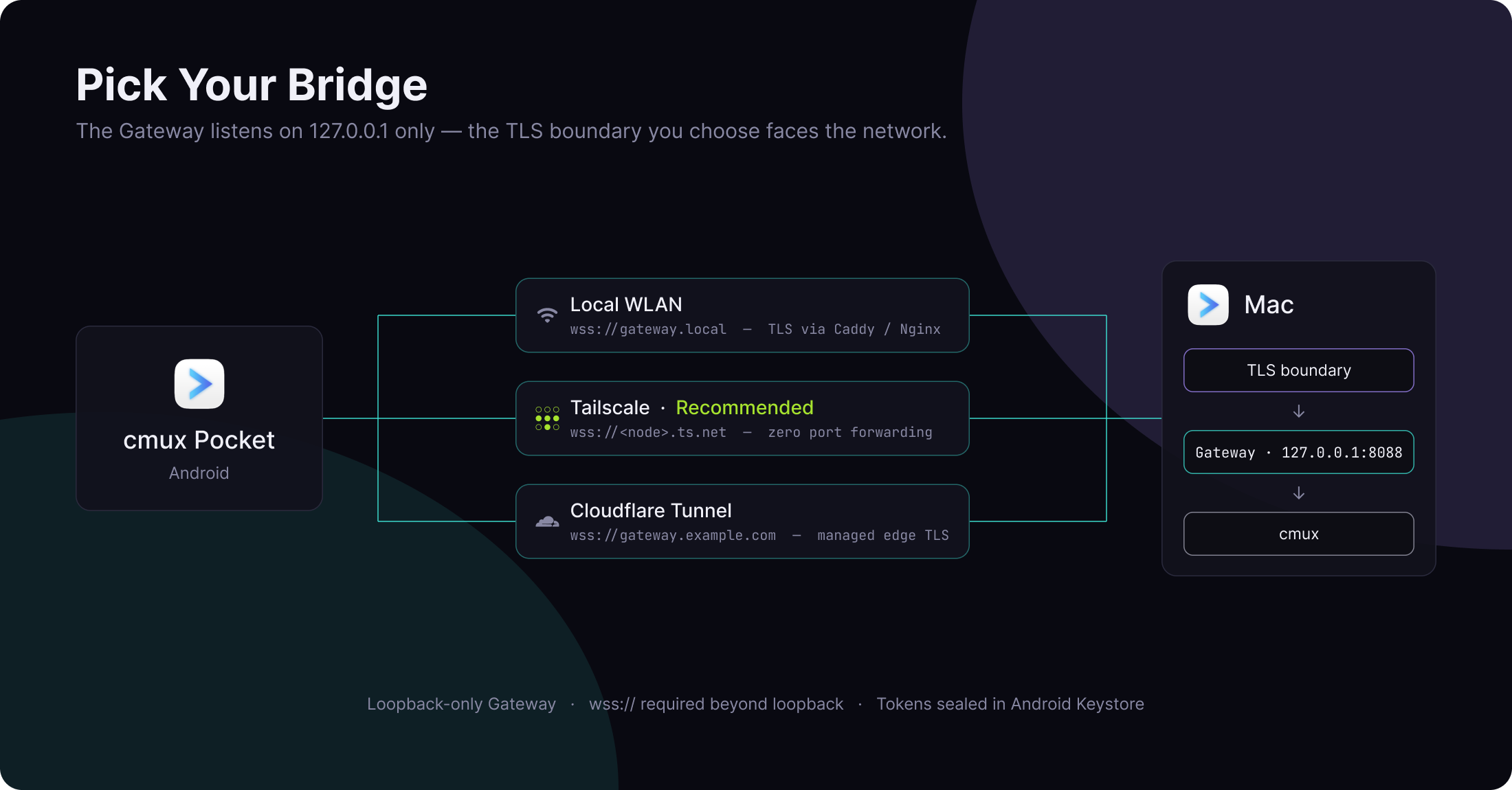 Networking bridges: Android reaches the loopback-only Mac Gateway through Local WLAN, Tailscale, or Cloudflare Tunnel