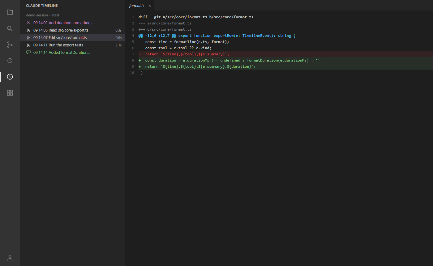 Show Changes open on an Edit row, showing the diff pulled from the transcript.