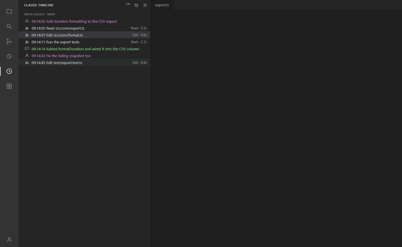 The timeline view, showing a session's prompts, tool calls and reply in order.