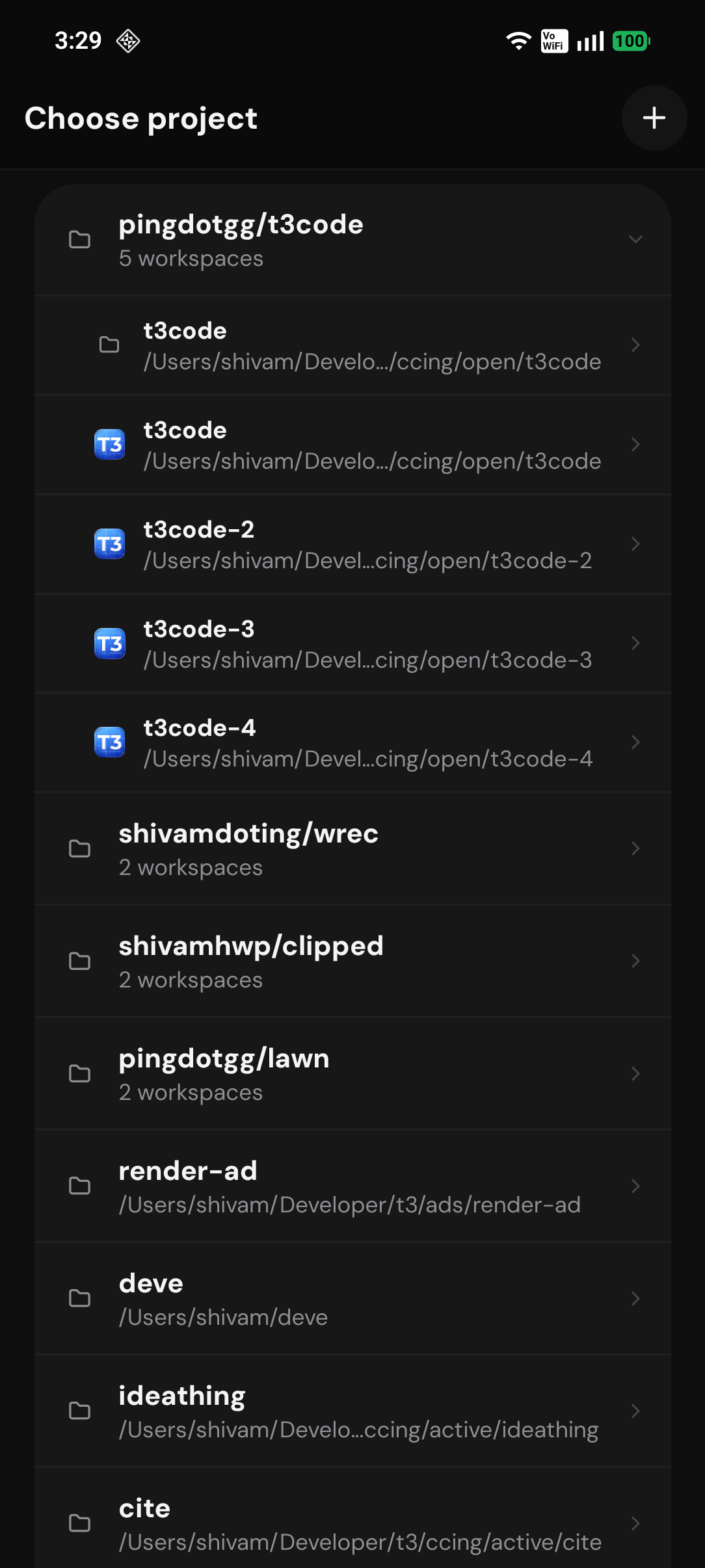 Expanded pingdotgg/t3code repository group containing five selectable Android workspaces