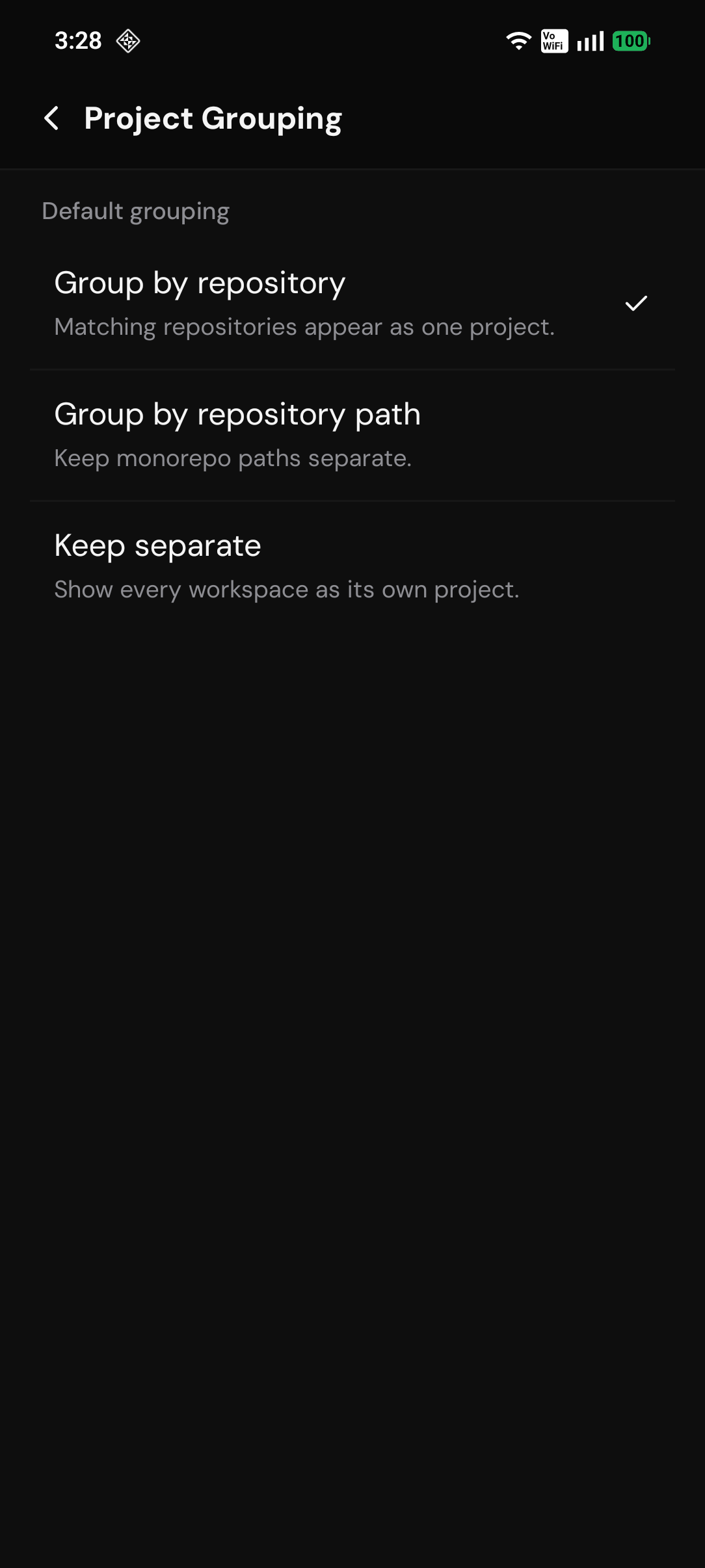 Android Project Grouping settings with the current chevron header and descriptions