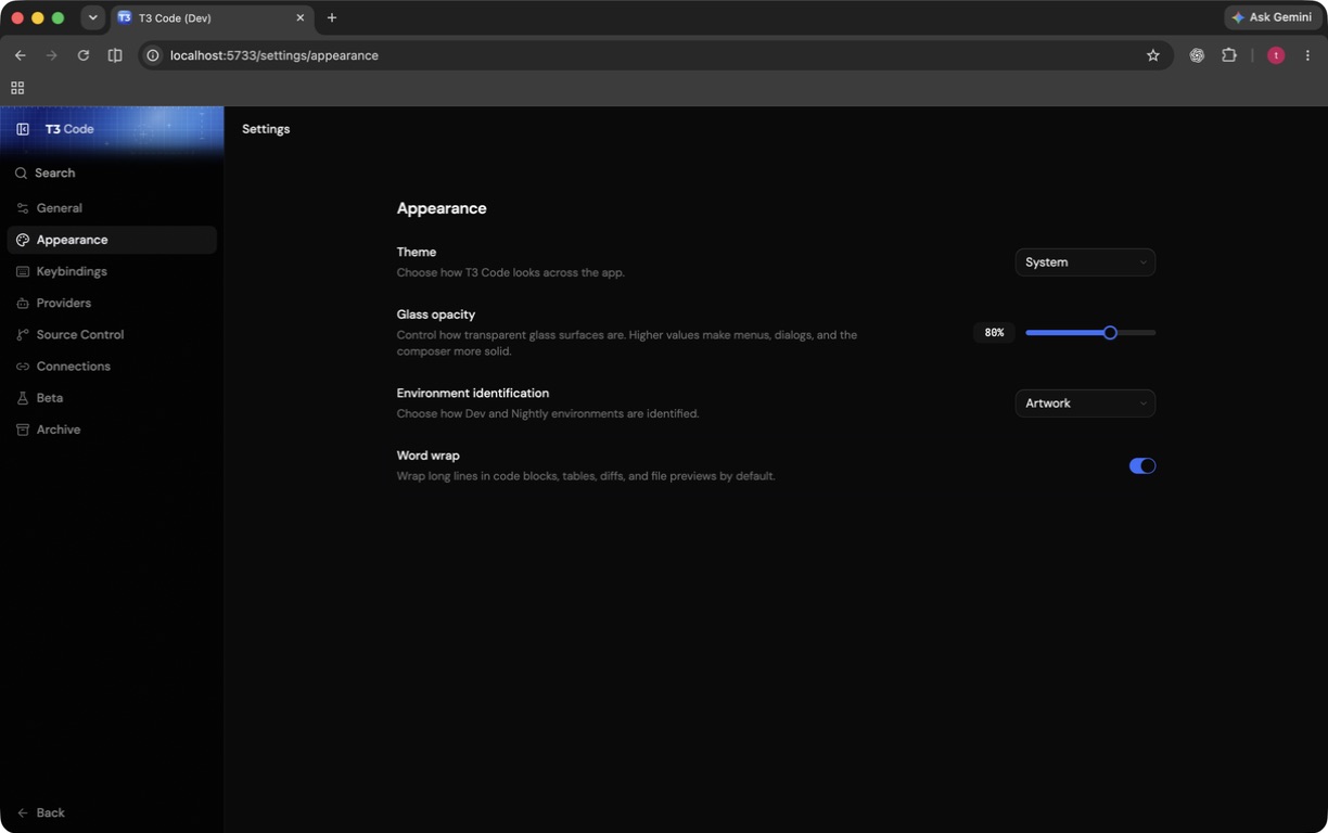 Appearance settings after navigating to Word wrap from search