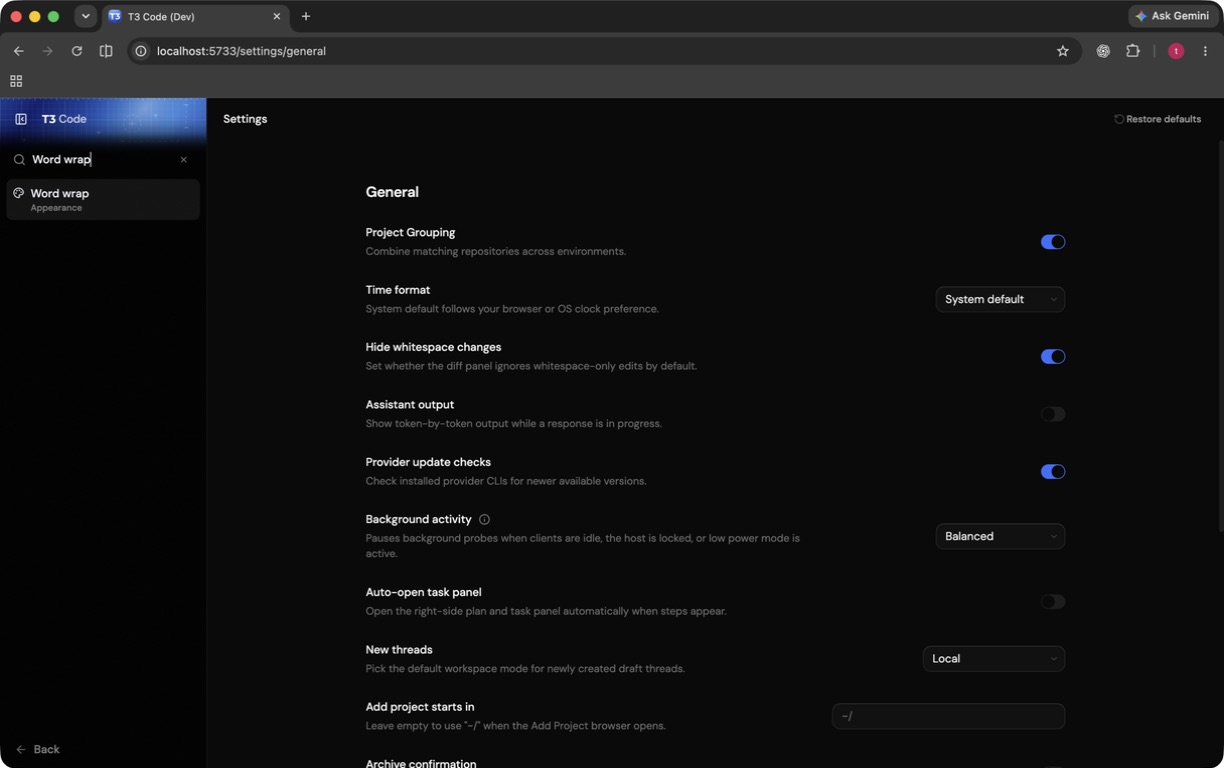 Settings sidebar showing a title-only search result for Word wrap
