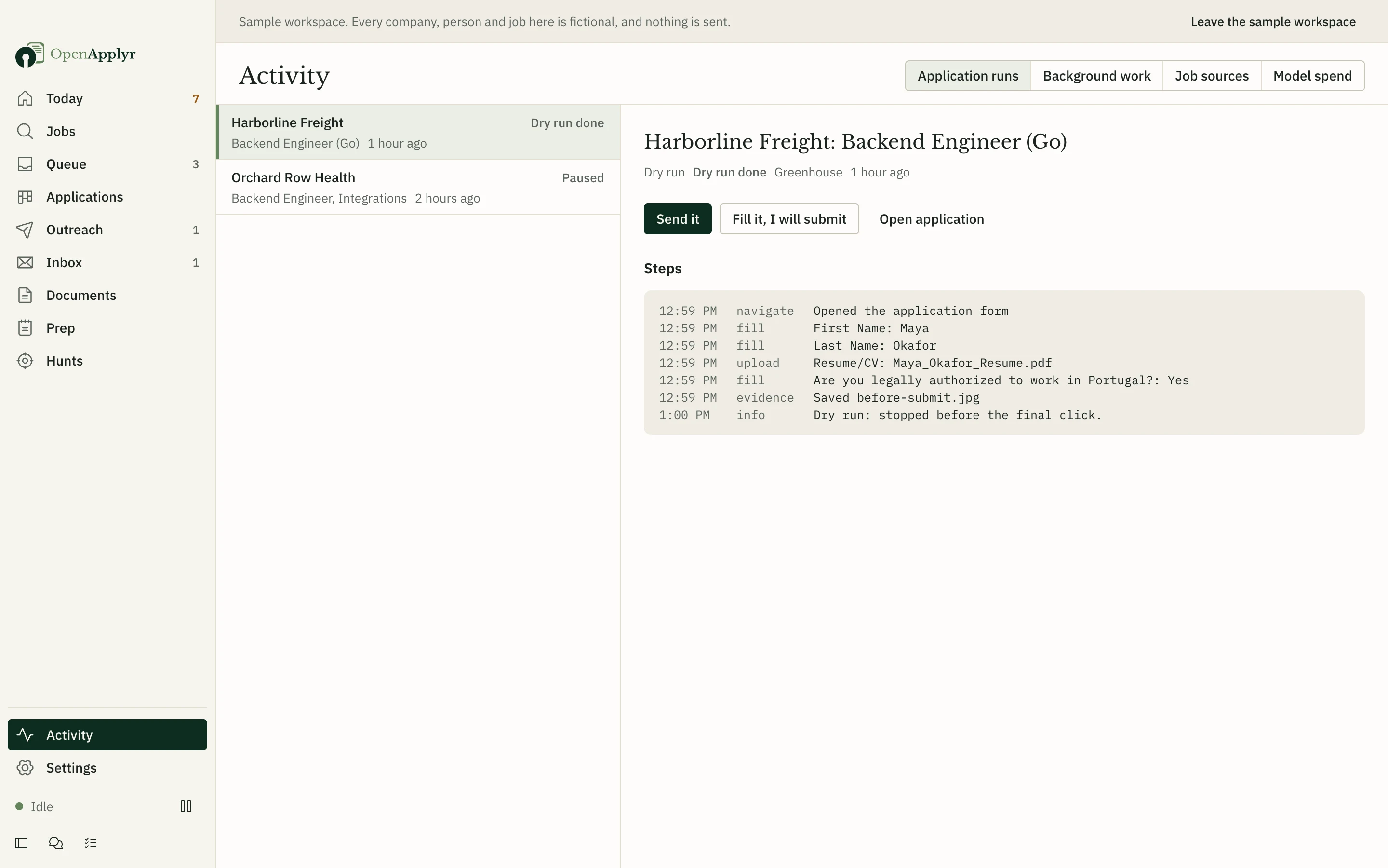 A practice run showing each field the app filled